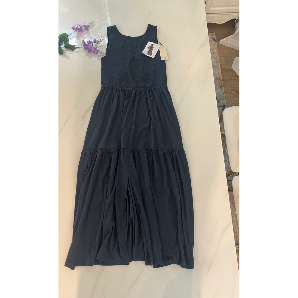 B926 Nation LA Pima Cotton Smocked Tiered Maxi Dress Navy Blue Size M NWT